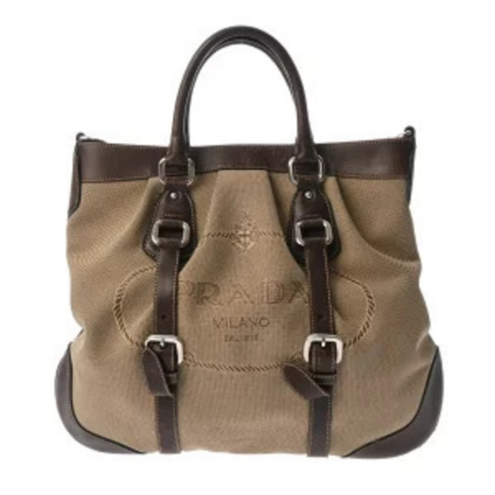 Prada Beige Cream Brown Jacquard Canvas Leather Handbag